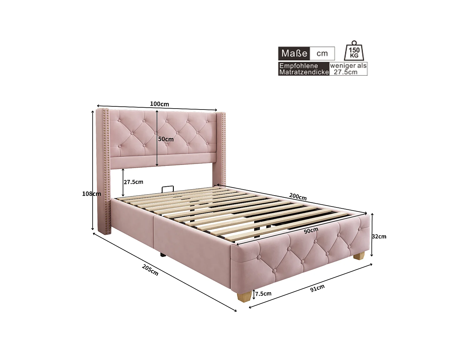 Lit capitonné 90 x 200 cm avec tête de lit - velours - décor avec boutons et rivets - rose