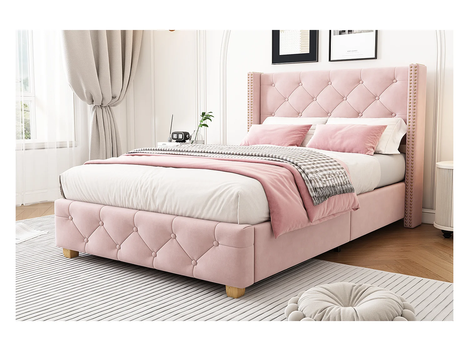 Lit capitonné 90 x 200 cm avec tête de lit - velours - décor avec boutons et rivets - rose