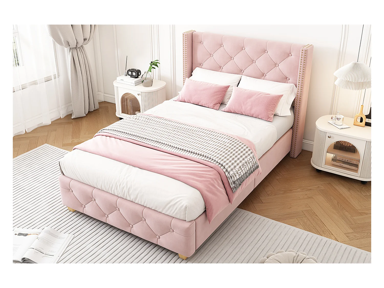 Lit capitonné 90 x 200 cm avec tête de lit - velours - décor avec boutons et rivets - rose