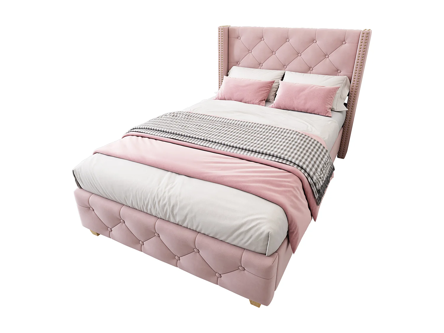 Lit capitonné 90 x 200 cm avec tête de lit - velours - décor avec boutons et rivets - rose