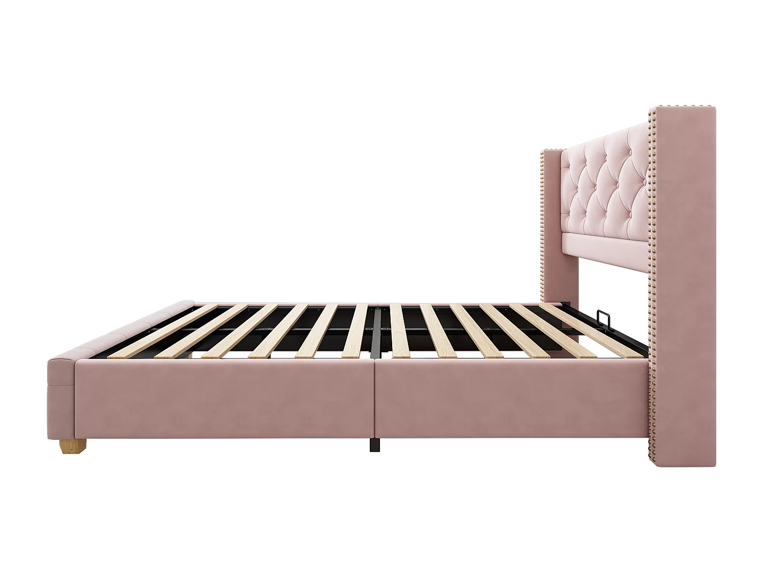 Lit capitonné 90 x 200 cm avec tête de lit - velours - décor avec boutons et rivets - rose