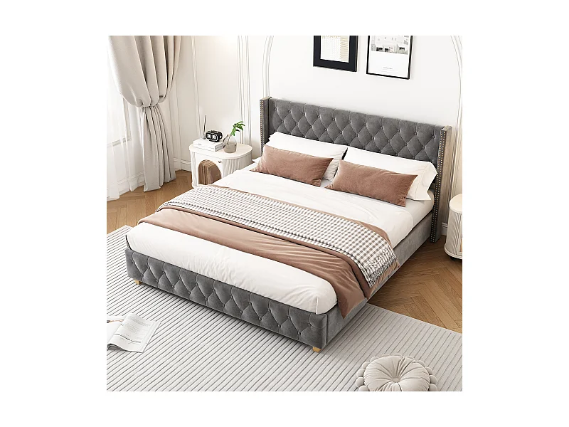 Łóżko tapicerowane 180 x 200 cm z wezgłowiem, łóżko dla dorosłych z aksamitu, zdobione guzikami i nitami, szare