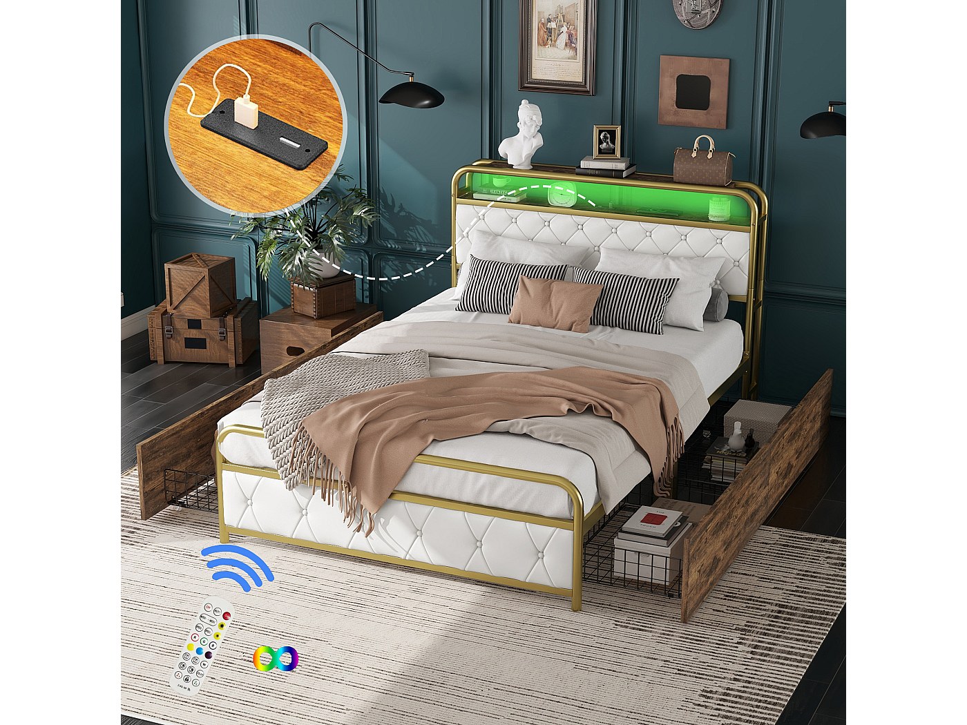Letto imbottito 140 x 200 cm con 4 cassetti, prese USB e LED ...