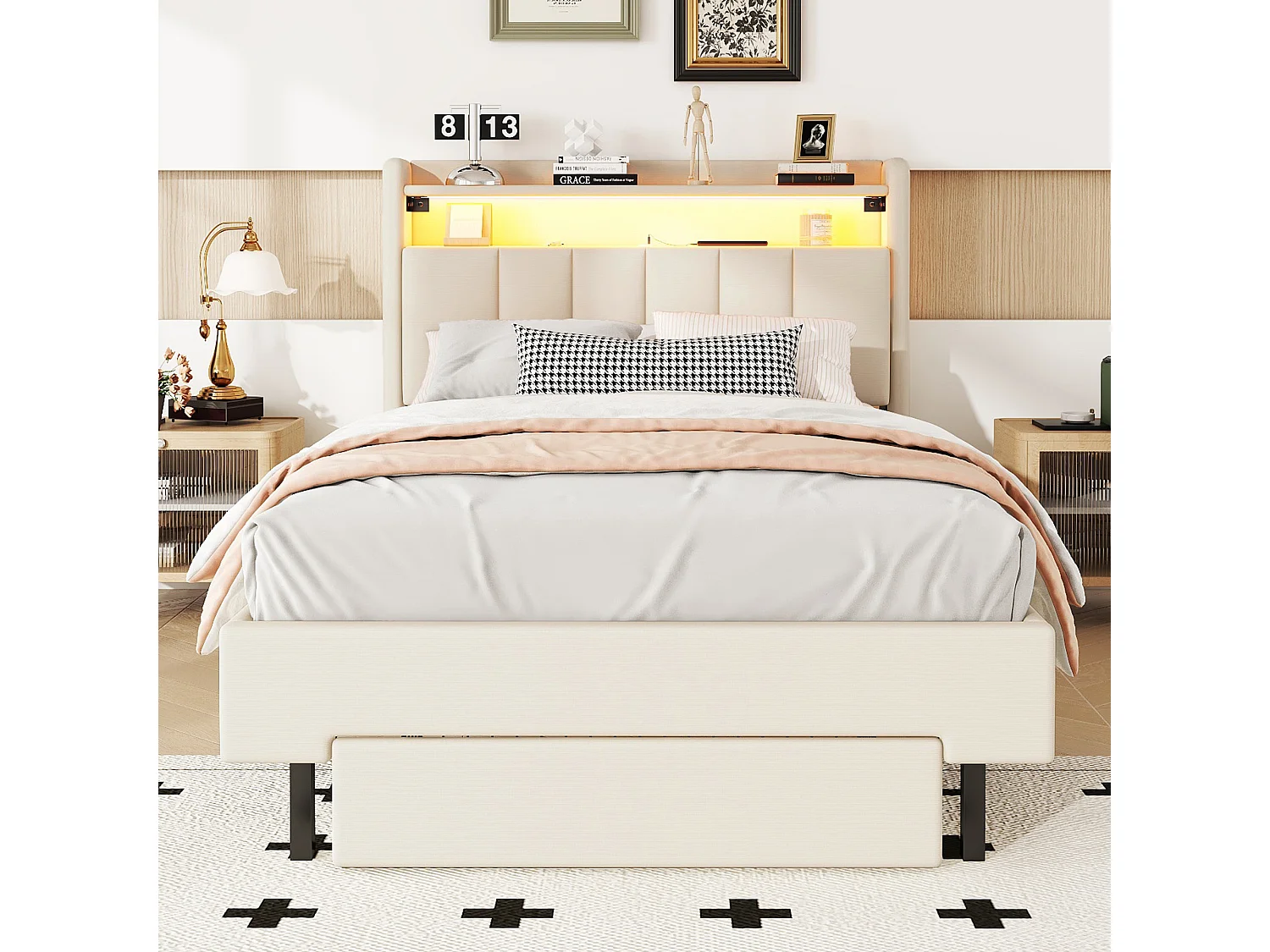 Gestoffeerd bed 90 x 200 cm met 2 lades, USB-aansluiting en LED-verlichting - opklapbaar hoofdeinde - linnen stof - beige kleur
