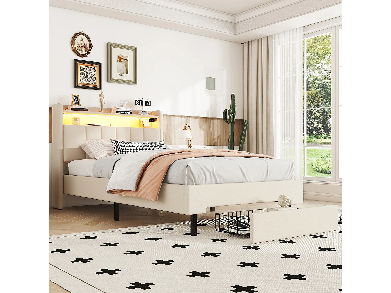 Gestoffeerd bed 90 x 200 cm met 2 lades, USB-aansluiting en LED-verlichting - opklapbaar hoofdeinde - linnen stof - beige kleur