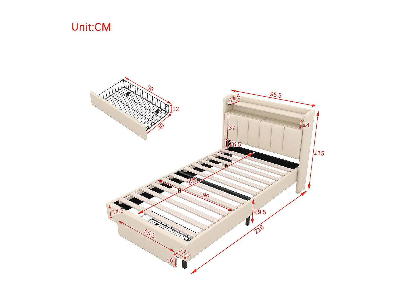 Gestoffeerd bed 90 x 200 cm met 2 lades, USB-aansluiting en LED-verlichting - opklapbaar hoofdeinde - linnen stof - beige kleur