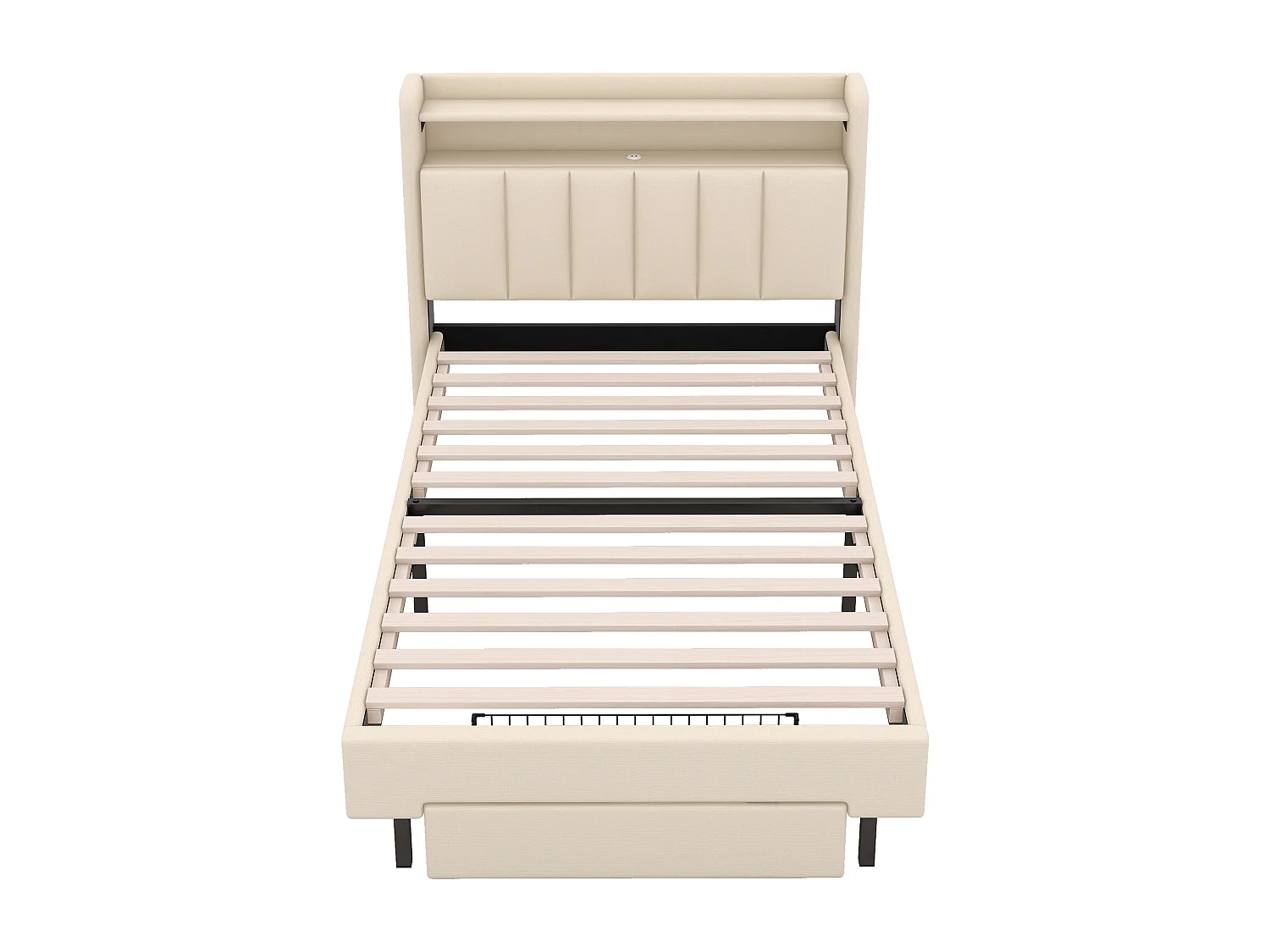 Gestoffeerd bed 90 x 200 cm met 2 lades, USB-aansluiting en LED-verlichting - opklapbaar hoofdeinde - linnen stof - beige kleur