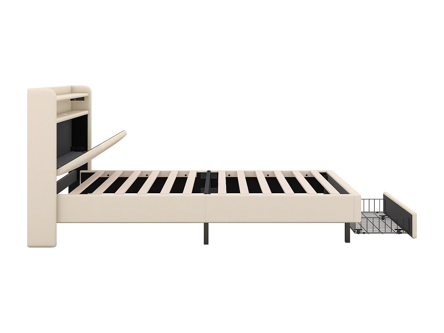 Gestoffeerd bed 90 x 200 cm met 2 lades, USB-aansluiting en LED-verlichting - opklapbaar hoofdeinde - linnen stof - beige kleur