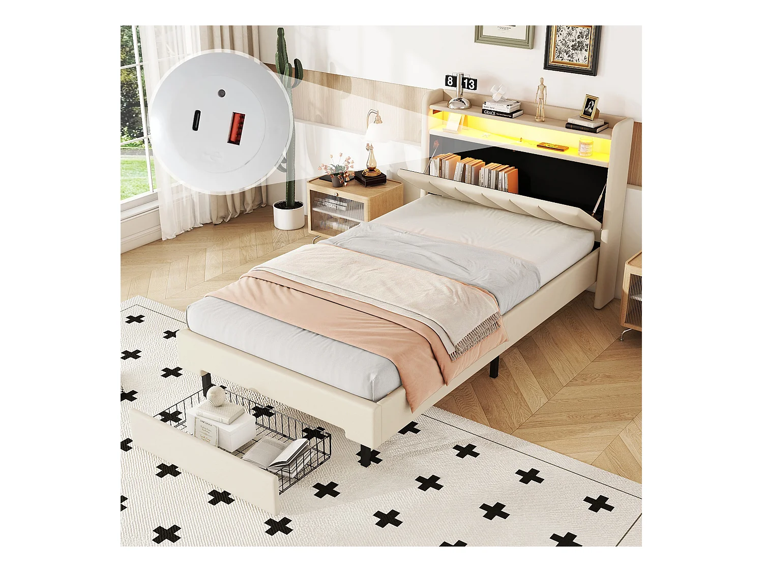 Gestoffeerd bed 90 x 200 cm met 2 lades, USB-aansluiting en LED-verlichting - opklapbaar hoofdeinde - linnen stof - beige kleur
