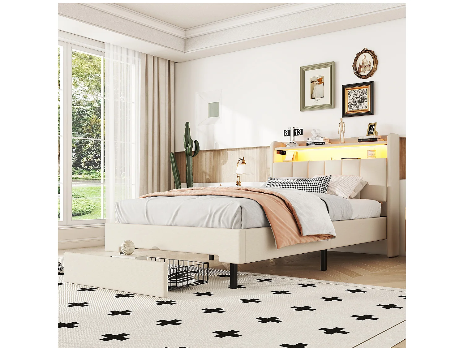 Gestoffeerd bed 90 x 200 cm met 2 lades, USB-aansluiting en LED-verlichting - opklapbaar hoofdeinde - linnen stof - beige kleur