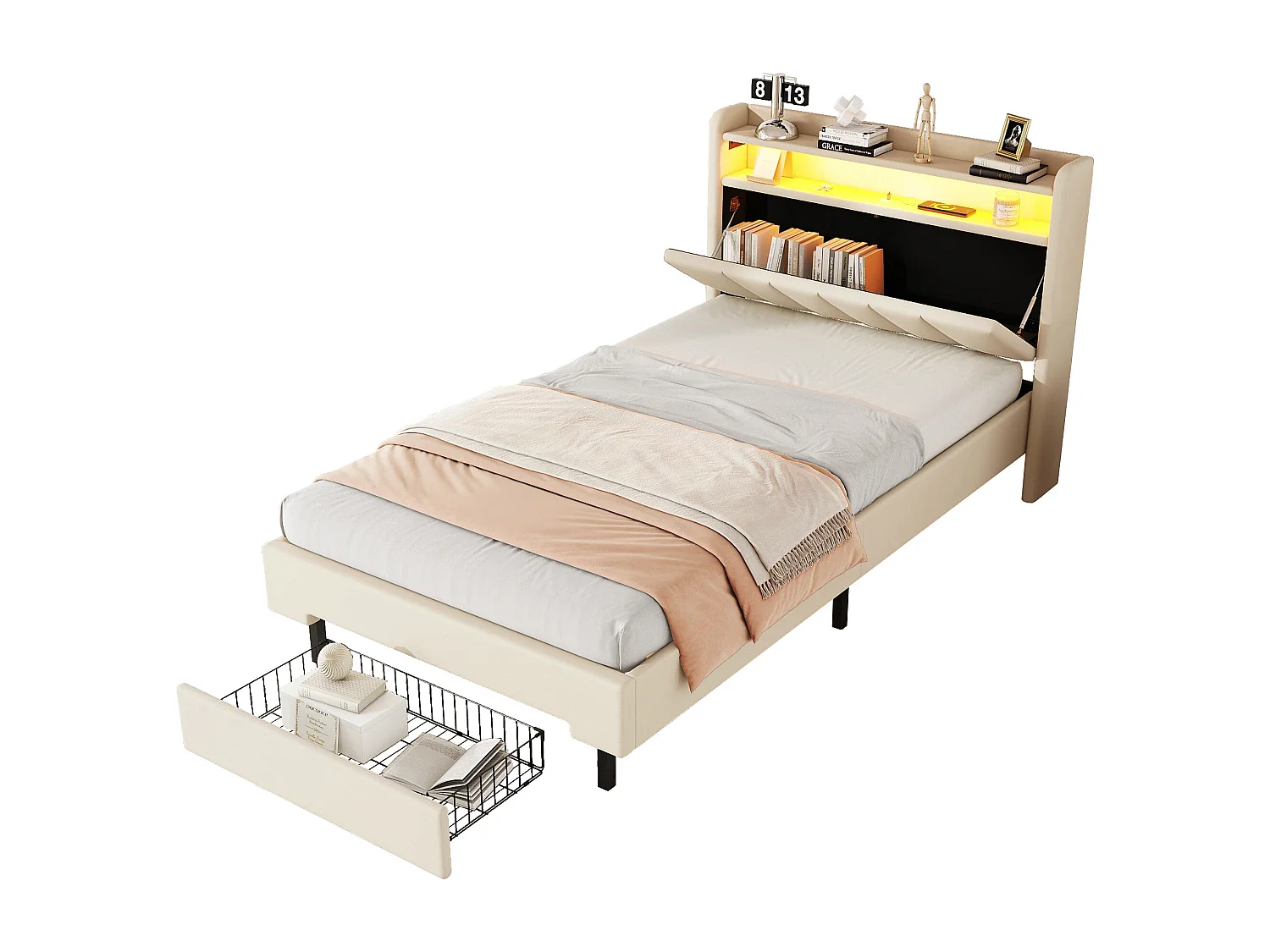 Gestoffeerd bed 90 x 200 cm met 2 lades, USB-aansluiting en LED-verlichting - opklapbaar hoofdeinde - linnen stof - beige kleur