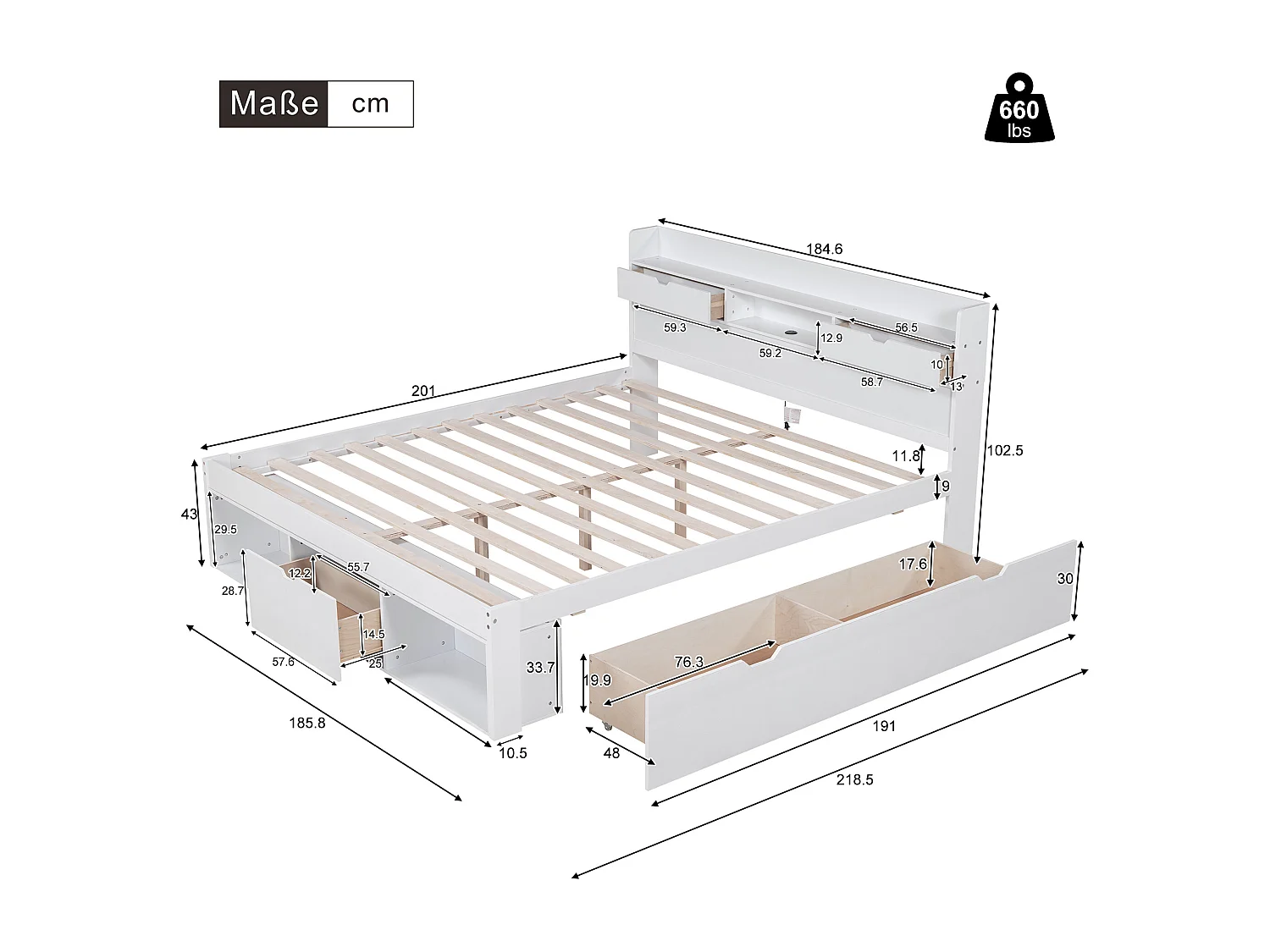Cama de casal 180 x 200 cm com 5 gavetas, tomada USB e nichos de armazenamento - madeira de pinho - cor branca