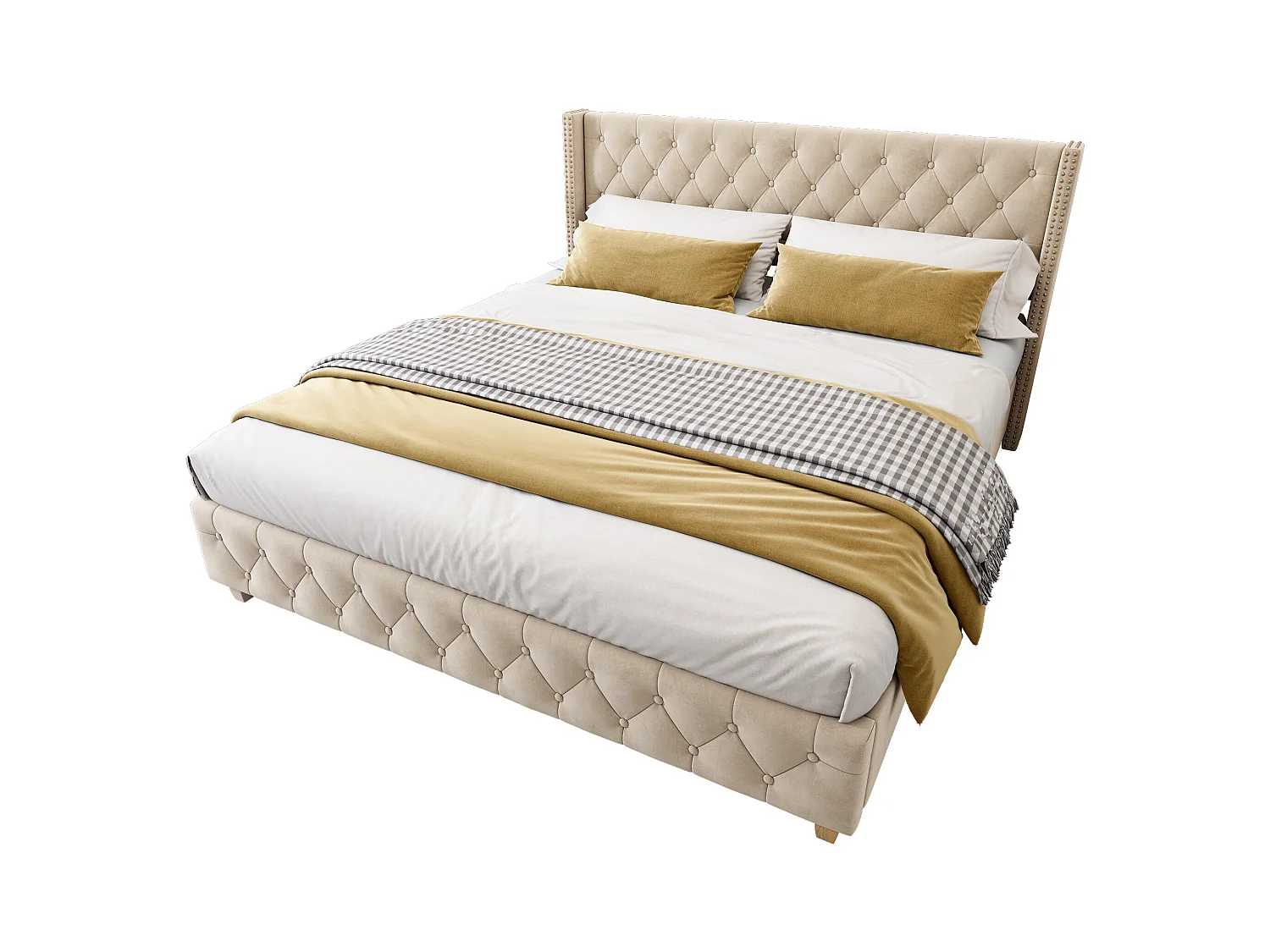 Lit capitonné 180 x 200 cm avec tête de lit, lit adulte en velours, décor avec boutons et rivets, beige clair