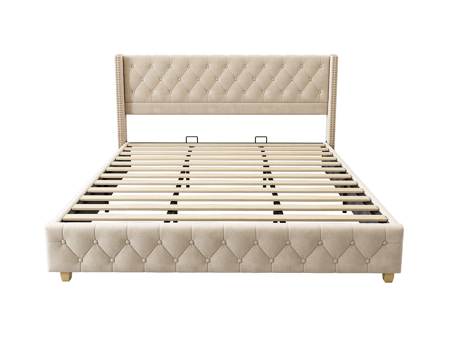 Lit capitonné 180 x 200 cm avec tête de lit, lit adulte en velours, décor avec boutons et rivets, beige clair