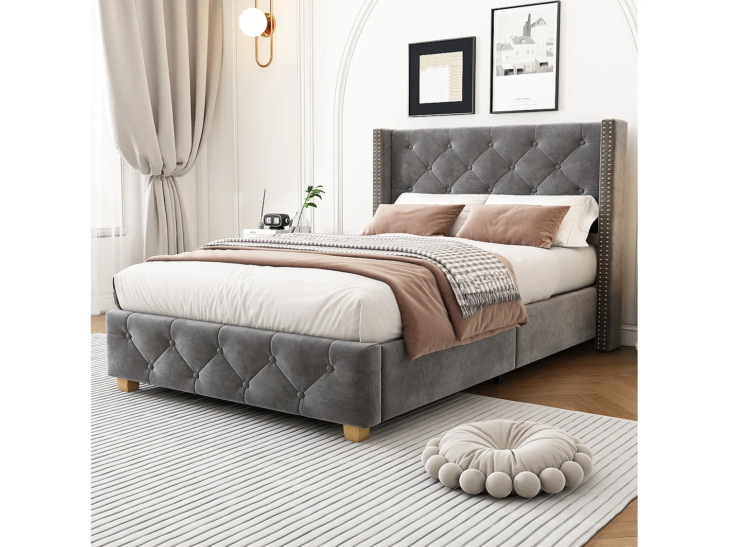 Lit capitonné 90 x 200 cm avec tête de lit - velours - décor avec boutons et rivets - gris