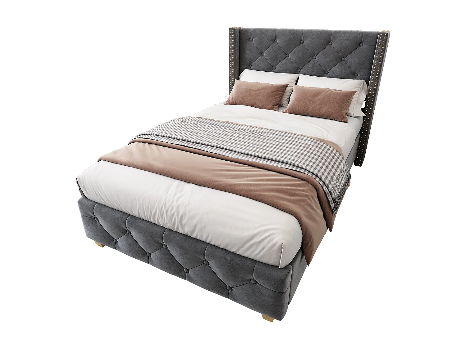 Lit capitonné 90 x 200 cm avec tête de lit - velours - décor avec boutons et rivets - gris