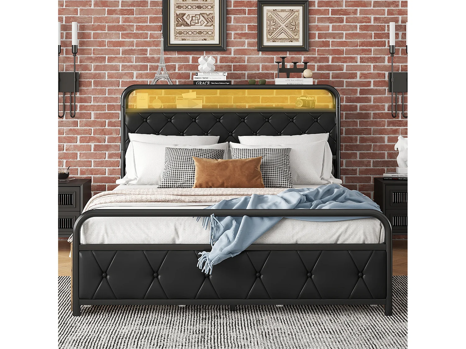 Gestoffeerd bed 140 x 200 cm met 4 lades, USB-aansluitingen & LED's - metalen frame en MDF-hout - zwart