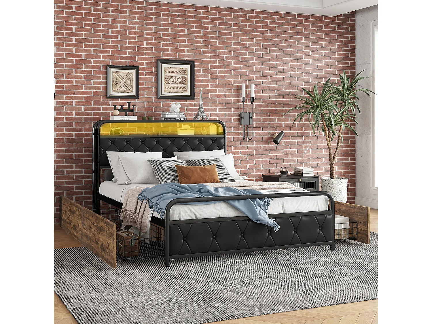 Gestoffeerd bed 140 x 200 cm met 4 lades, USB-aansluitingen & LED's - metalen frame en MDF-hout - zwart