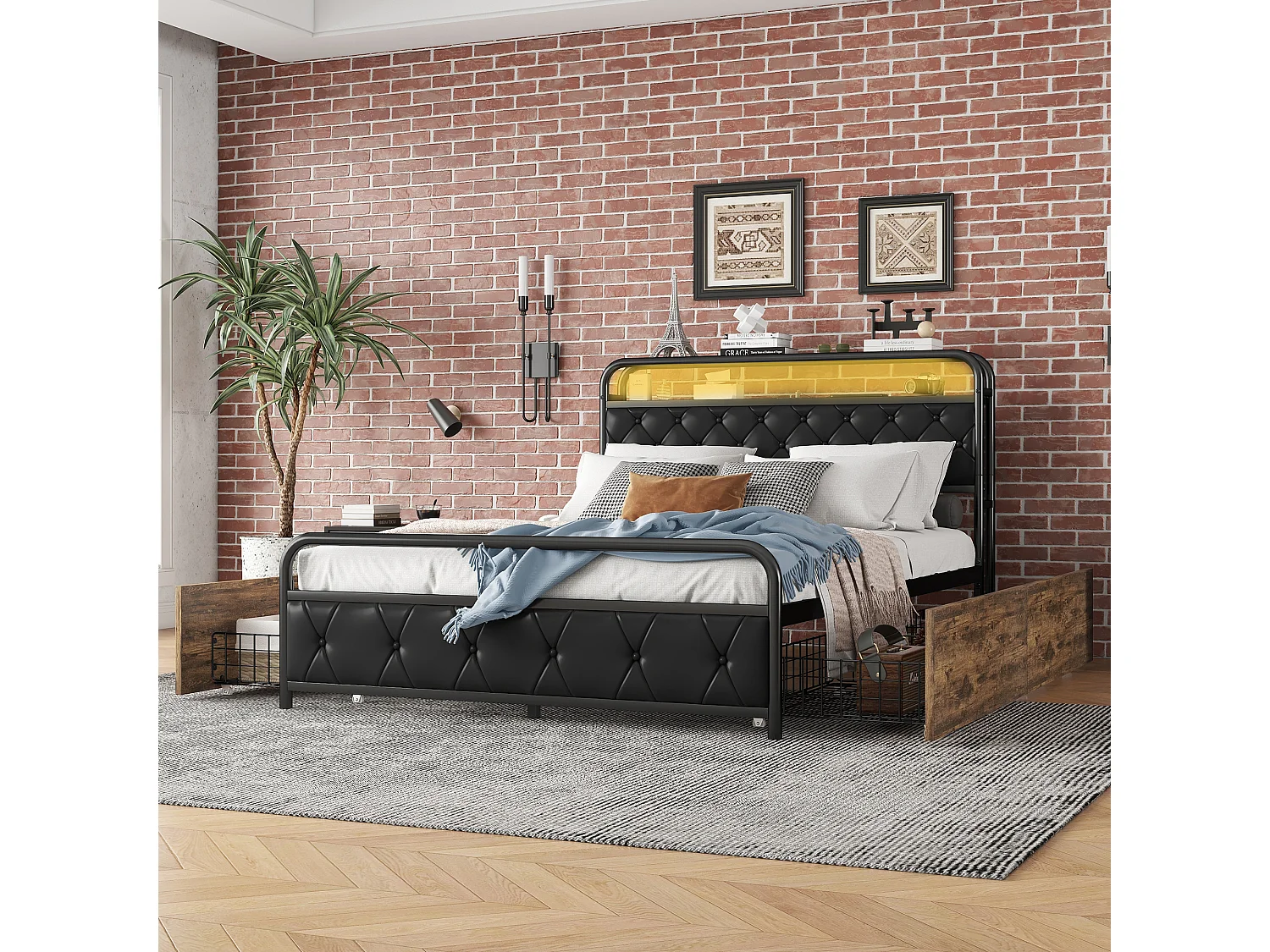 Gestoffeerd bed 140 x 200 cm met 4 lades, USB-aansluitingen & LED's - metalen frame en MDF-hout - zwart