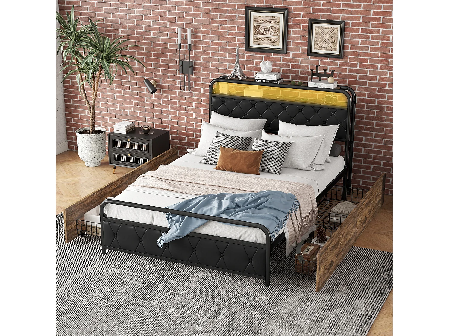 Gestoffeerd bed 140 x 200 cm met 4 lades, USB-aansluitingen & LED's - metalen frame en MDF-hout - zwart