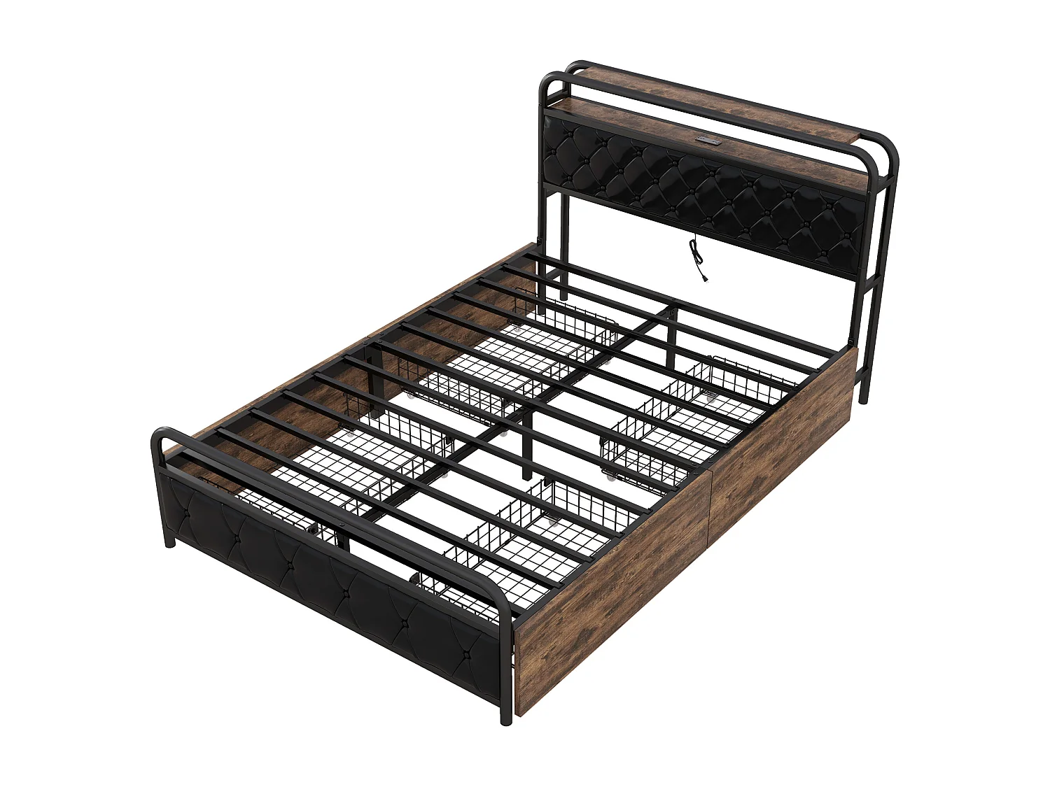 Gestoffeerd bed 140 x 200 cm met 4 lades, USB-aansluitingen & LED's - metalen frame en MDF-hout - zwart