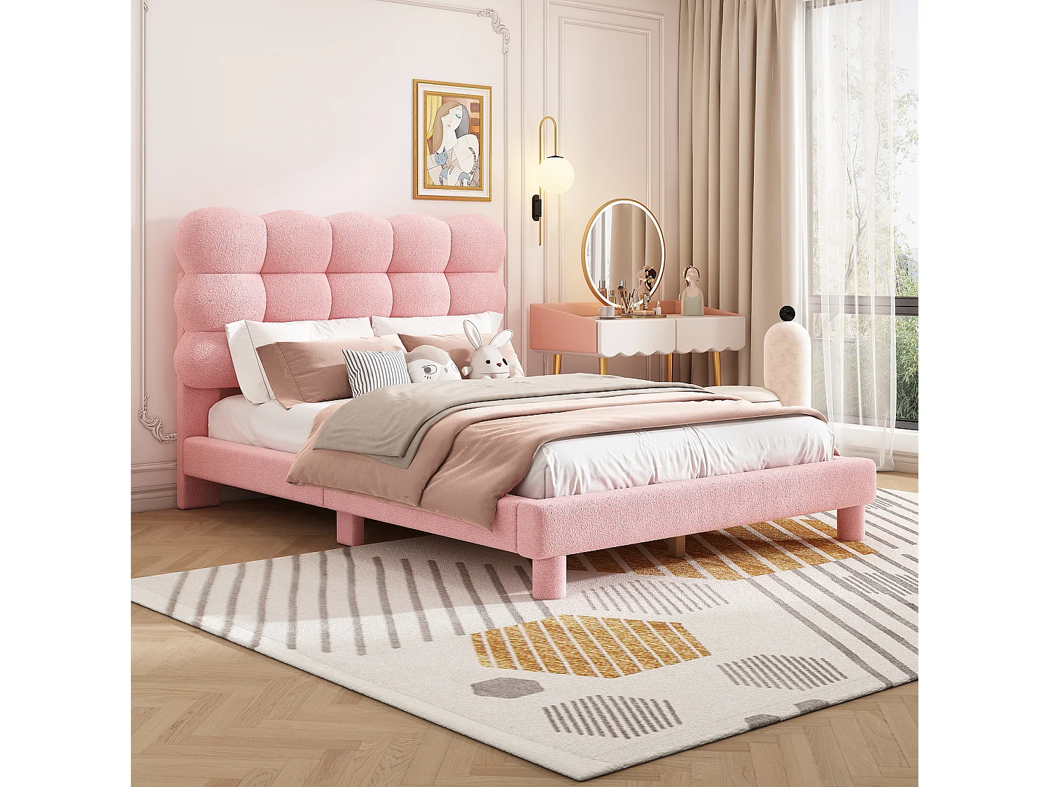 Cama tapizada 140x200 cm con cabecero ajustable - Tejido felpa - Moderna y sencilla - Color rosa