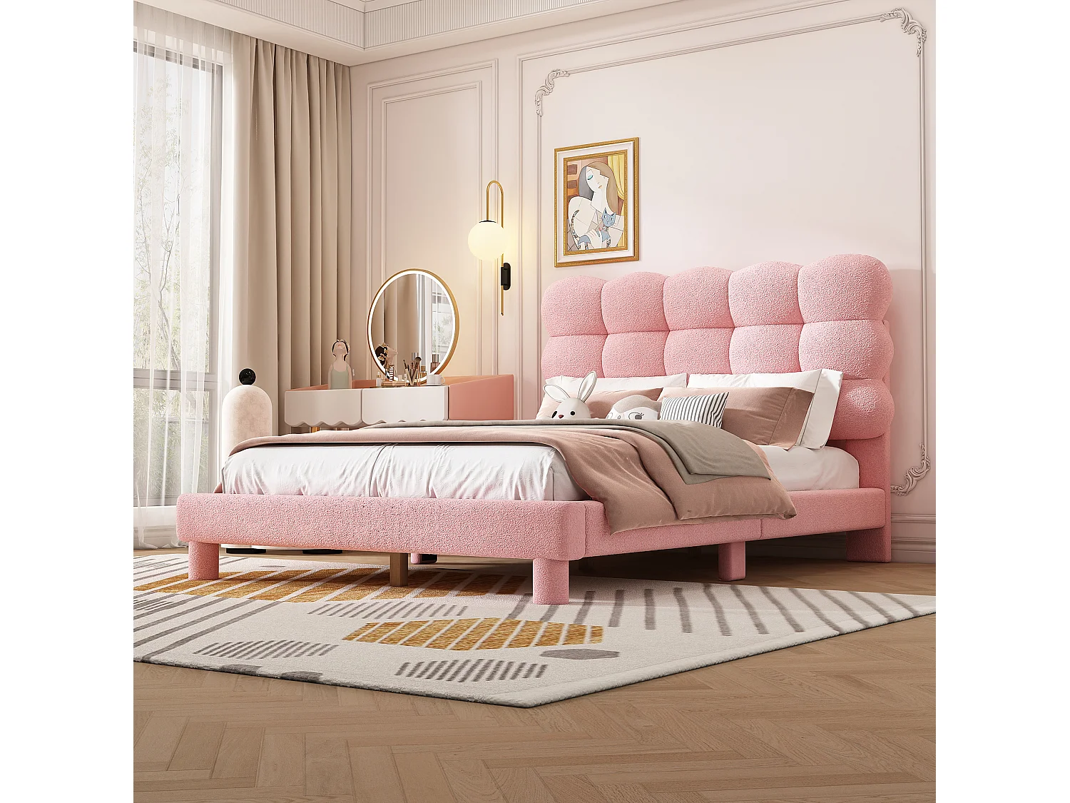 Cama tapizada 140x200 cm con cabecero ajustable - Tejido felpa - Moderna y sencilla - Color rosa