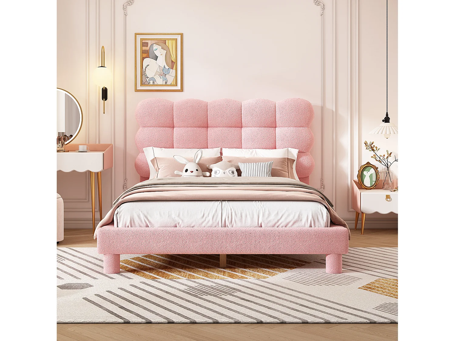 Cama tapizada 140x200 cm con cabecero ajustable - Tejido felpa - Moderna y sencilla - Color rosa