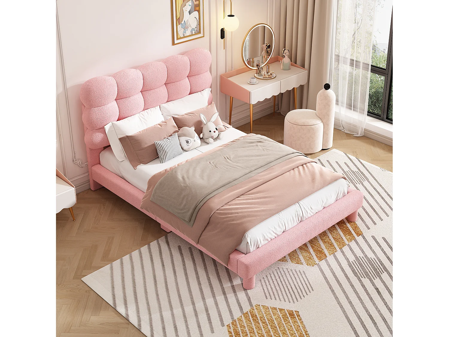 Cama tapizada 140x200 cm con cabecero ajustable - Tejido felpa - Moderna y sencilla - Color rosa