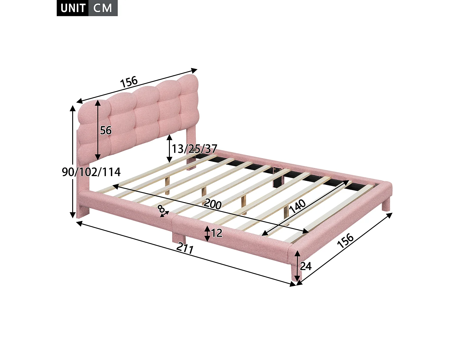 Cama tapizada 140x200 cm con cabecero ajustable - Tejido felpa - Moderna y sencilla - Color rosa