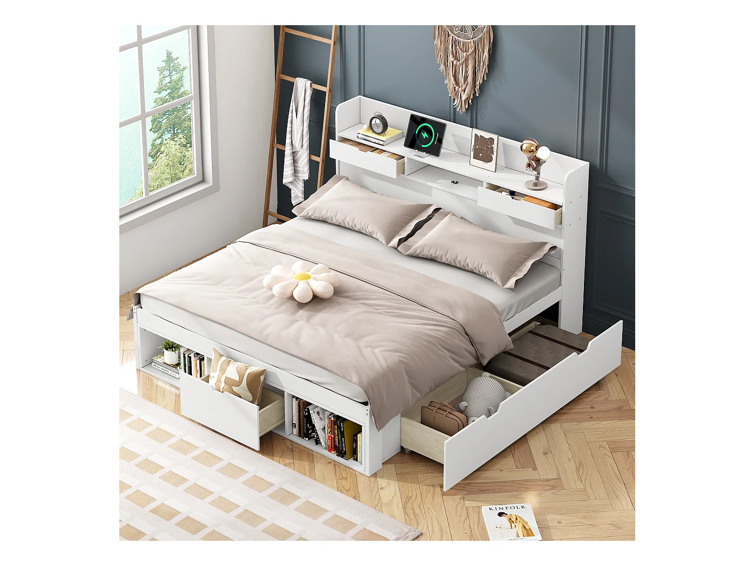 Doppelbett 140 x 200 cm mit 5 Schubladen, USB-Anschluss und Aufbewahrungsnischen – Kiefernholz – Farbe Weiß