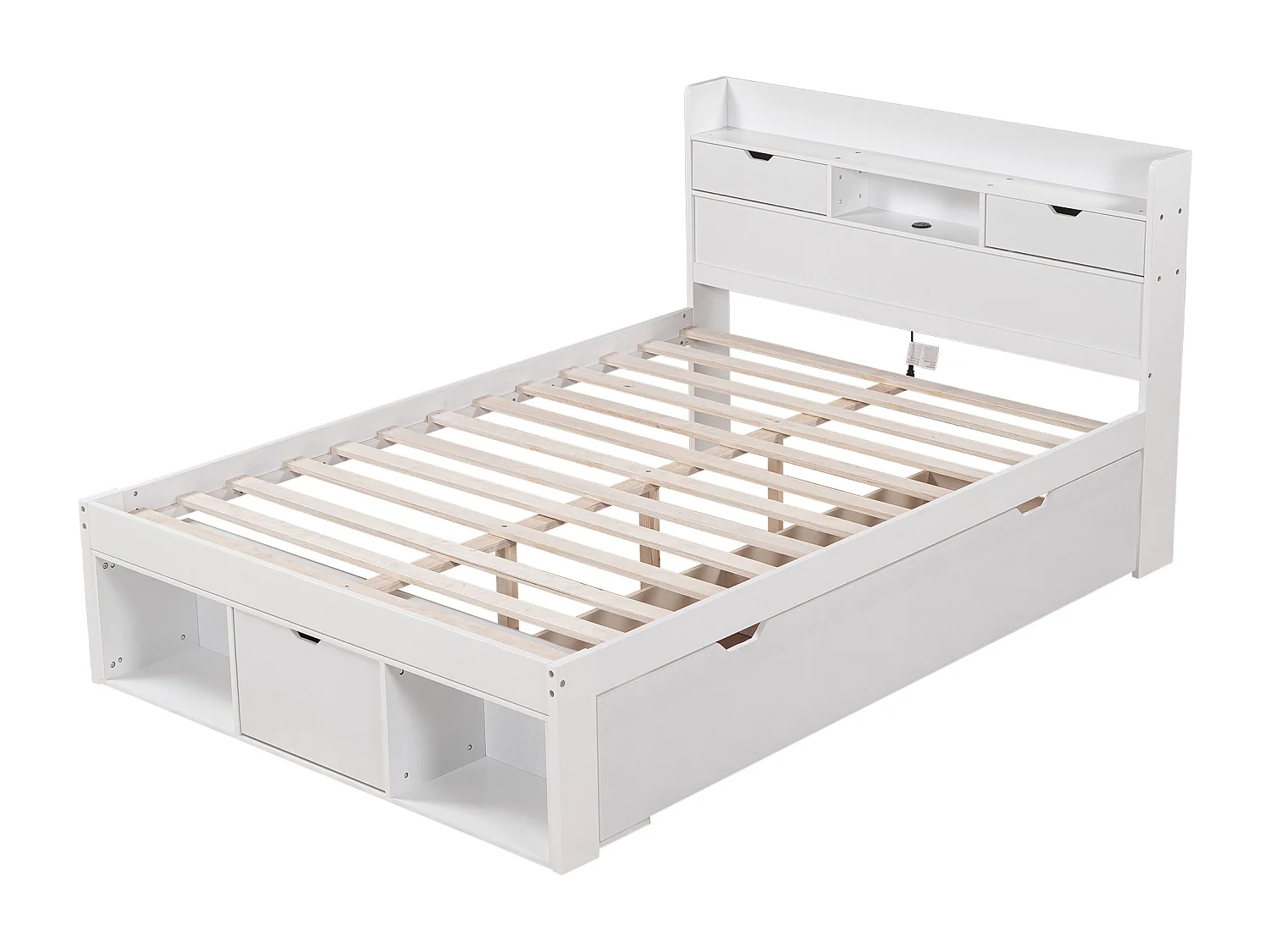 Łóżko dwuosobowe 140 x 200 cm z 5 szufladami, portem USB i wnękami do przechowywania - drewno sosnowe - kolor biały