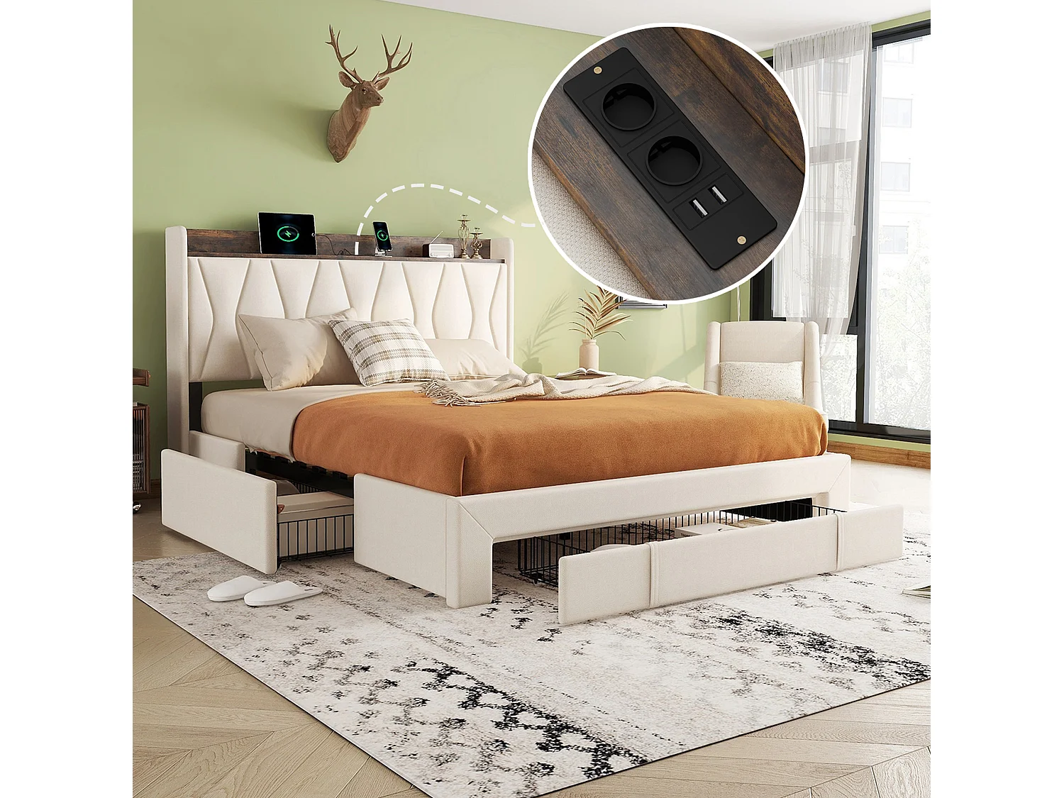 Gestoffeerd bed 160 x 200 cm met 3 lades, USB- en Type-C-aansluitingen - Linnen stof - Kleur beige