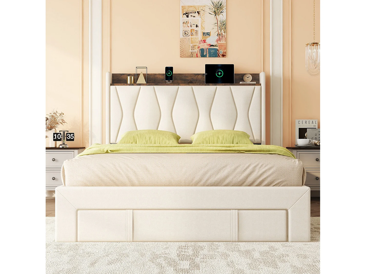 Gestoffeerd bed 160 x 200 cm met 3 lades, USB- en Type-C-aansluitingen - Linnen stof - Kleur beige