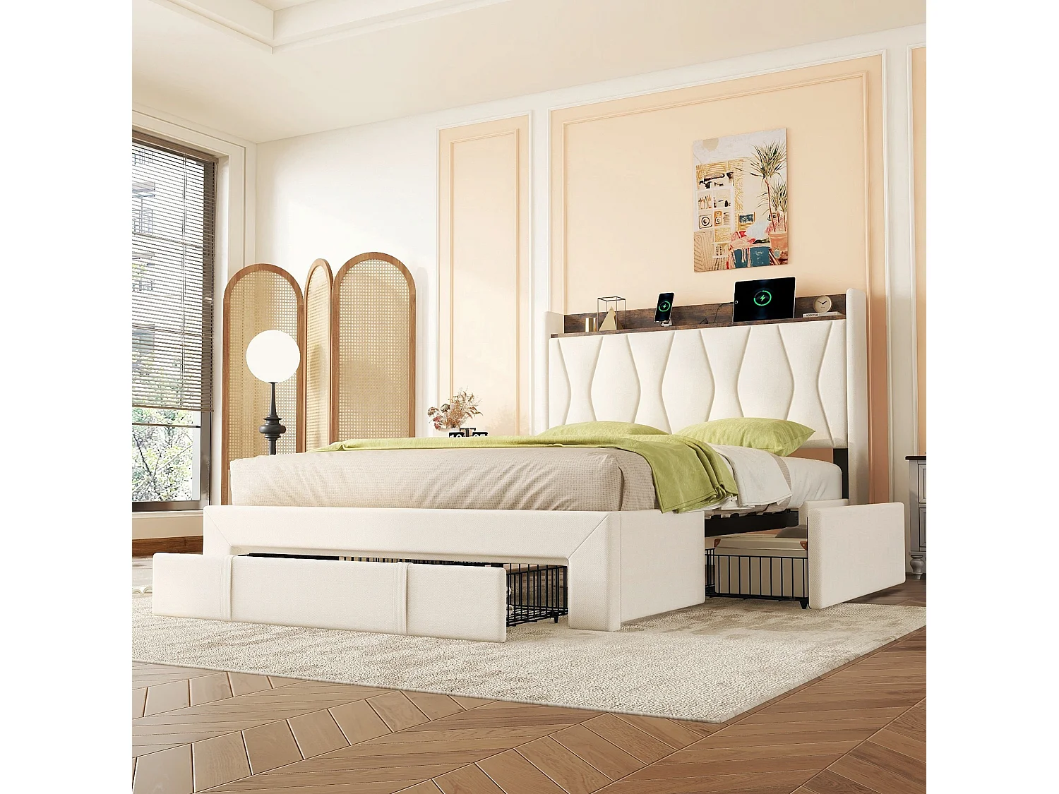 Gestoffeerd bed 160 x 200 cm met 3 lades, USB- en Type-C-aansluitingen - Linnen stof - Kleur beige