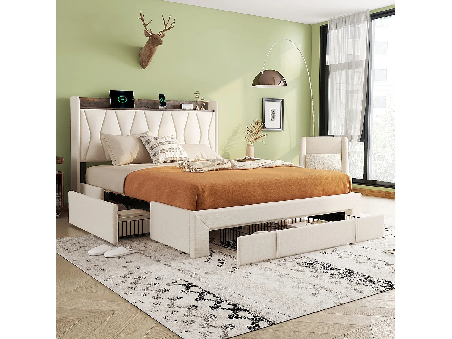 Gestoffeerd bed 160 x 200 cm met 3 lades, USB- en Type-C-aansluitingen - Linnen stof - Kleur beige
