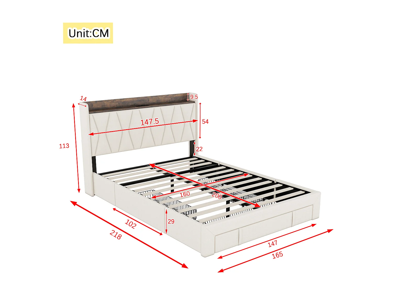 Gestoffeerd bed 160 x 200 cm met 3 lades, USB- en Type-C-aansluitingen - Linnen stof - Kleur beige