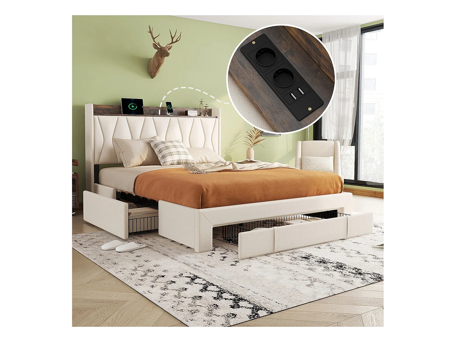 Gestoffeerd bed 160 x 200 cm met 3 lades, USB- en Type-C-aansluitingen - Linnen stof - Kleur beige