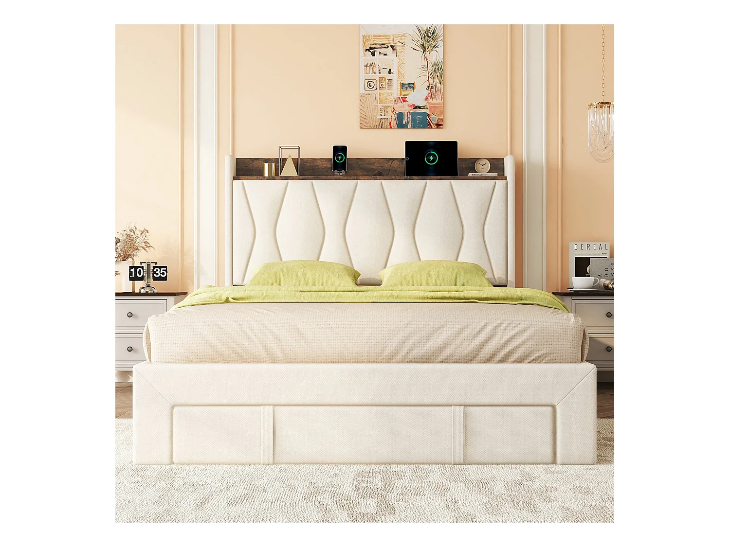 Lit capitonné 160 x 200 cm avec 3 tiroirs, prises USB et Type-C - Tissu en lin - Coloris beige