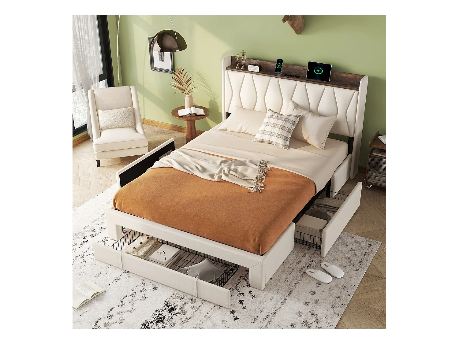 Lit capitonné 160 x 200 cm avec 3 tiroirs, prises USB et Type-C - Tissu en lin - Coloris beige