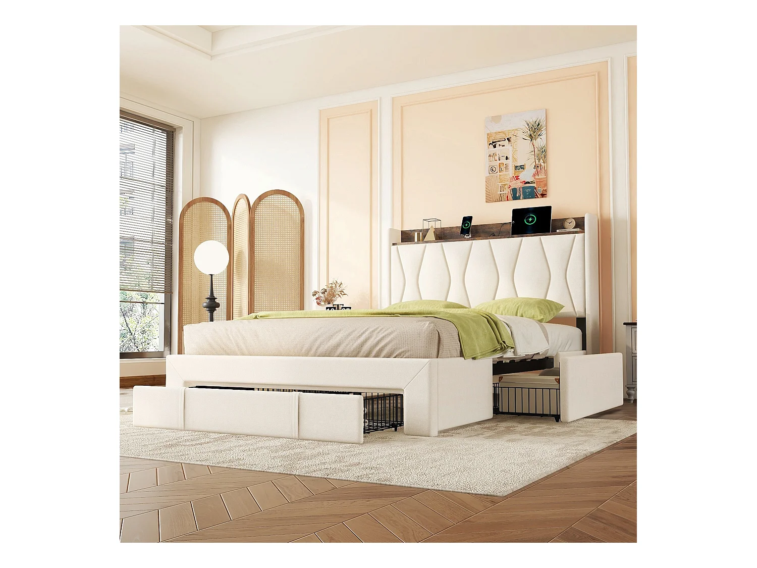 Lit capitonné 160 x 200 cm avec 3 tiroirs, prises USB et Type-C - Tissu en lin - Coloris beige