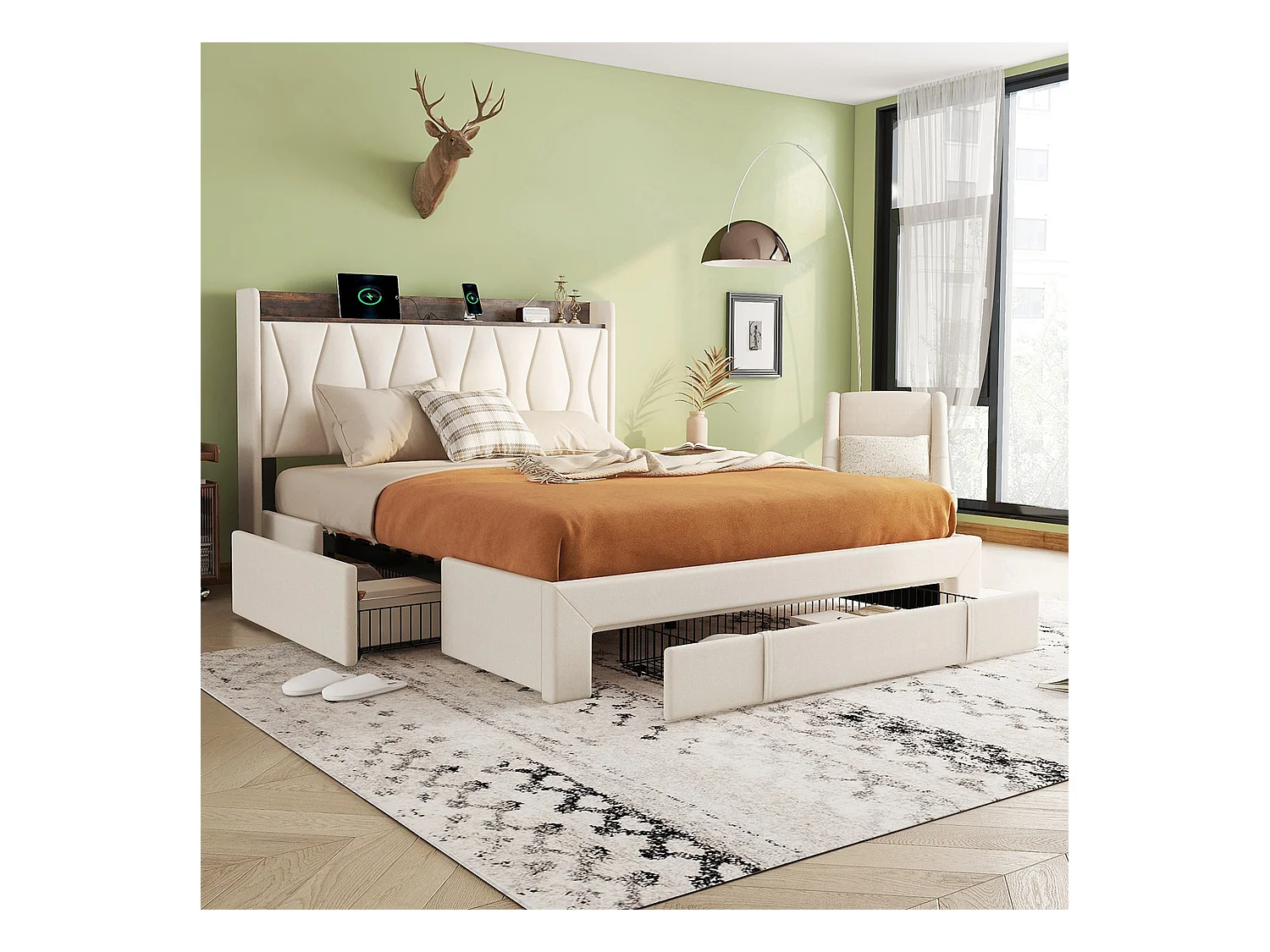 Lit capitonné 160 x 200 cm avec 3 tiroirs, prises USB et Type-C - Tissu en lin - Coloris beige