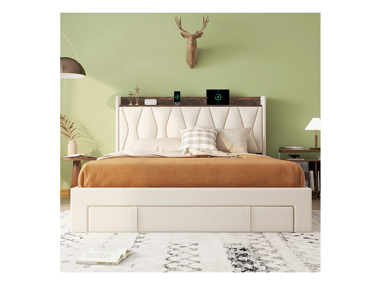 Lit capitonné 160 x 200 cm avec 3 tiroirs, prises USB et Type-C - Tissu en lin - Coloris beige