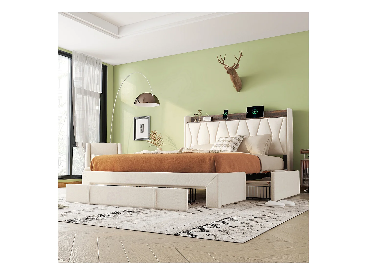 Lit capitonné 160 x 200 cm avec 3 tiroirs, prises USB et Type-C - Tissu en lin - Coloris beige
