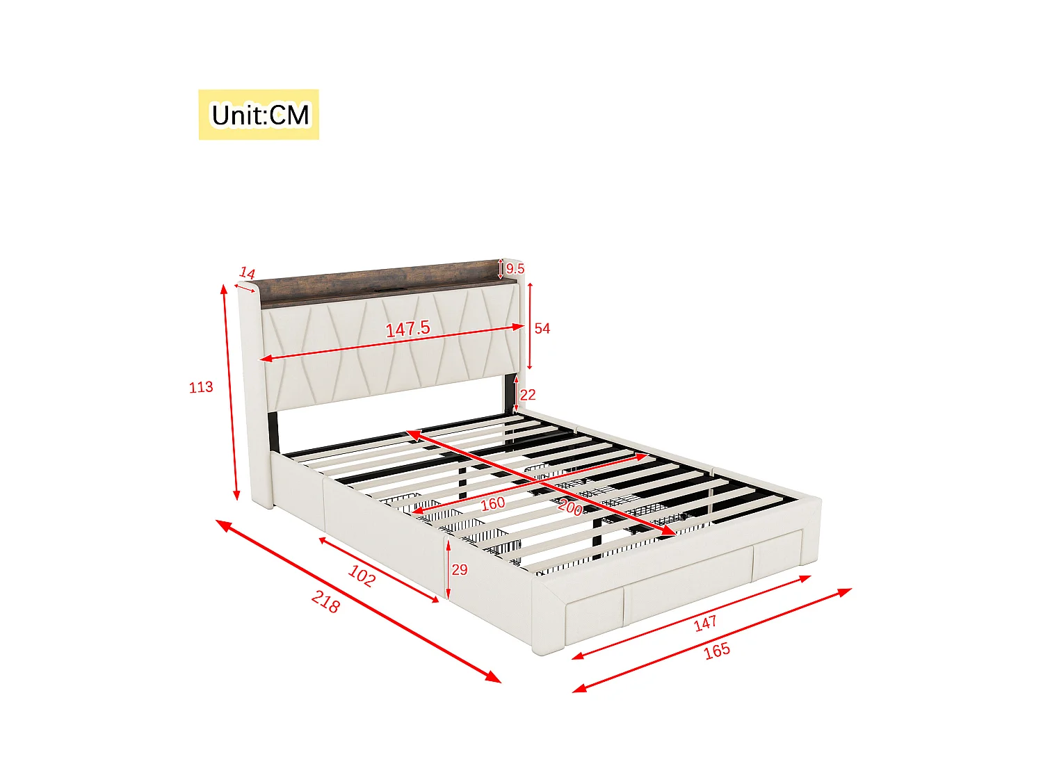 Lit capitonné 160 x 200 cm avec 3 tiroirs, prises USB et Type-C - Tissu en lin - Coloris beige