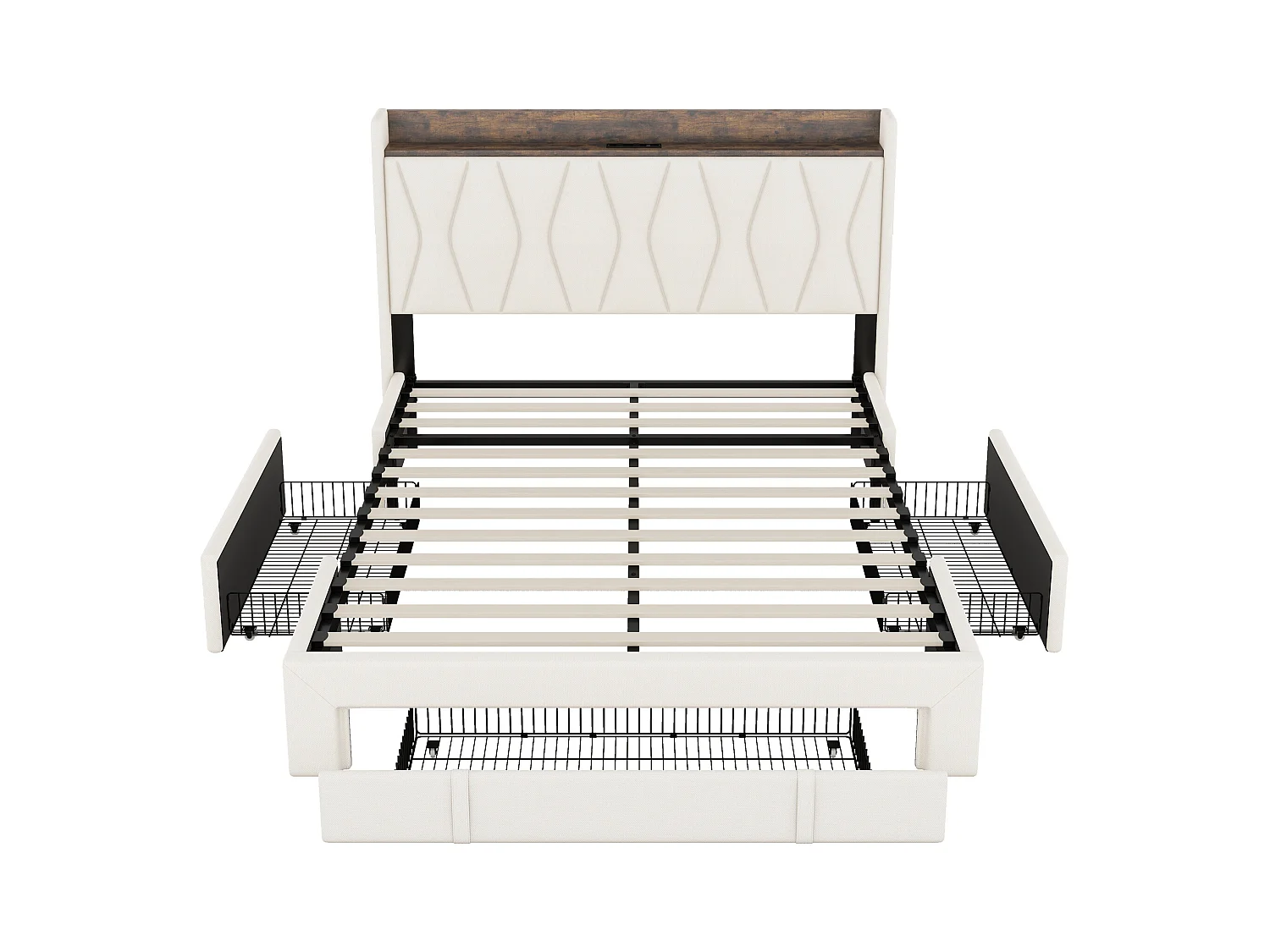Lit capitonné 160 x 200 cm avec 3 tiroirs, prises USB et Type-C - Tissu en lin - Coloris beige