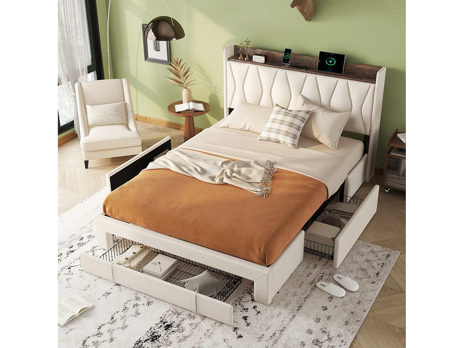 Gestoffeerd bed 160 x 200 cm met 3 lades, USB- en Type-C-aansluitingen - Linnen stof - Kleur beige