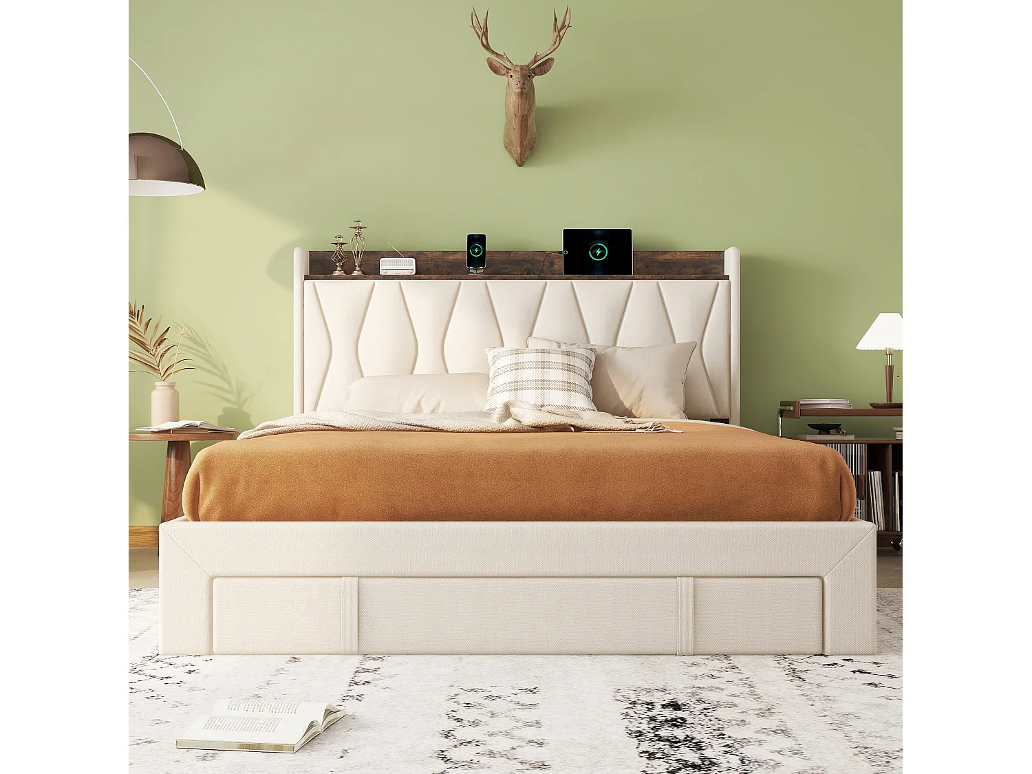 Gestoffeerd bed 160 x 200 cm met 3 lades, USB- en Type-C-aansluitingen - Linnen stof - Kleur beige