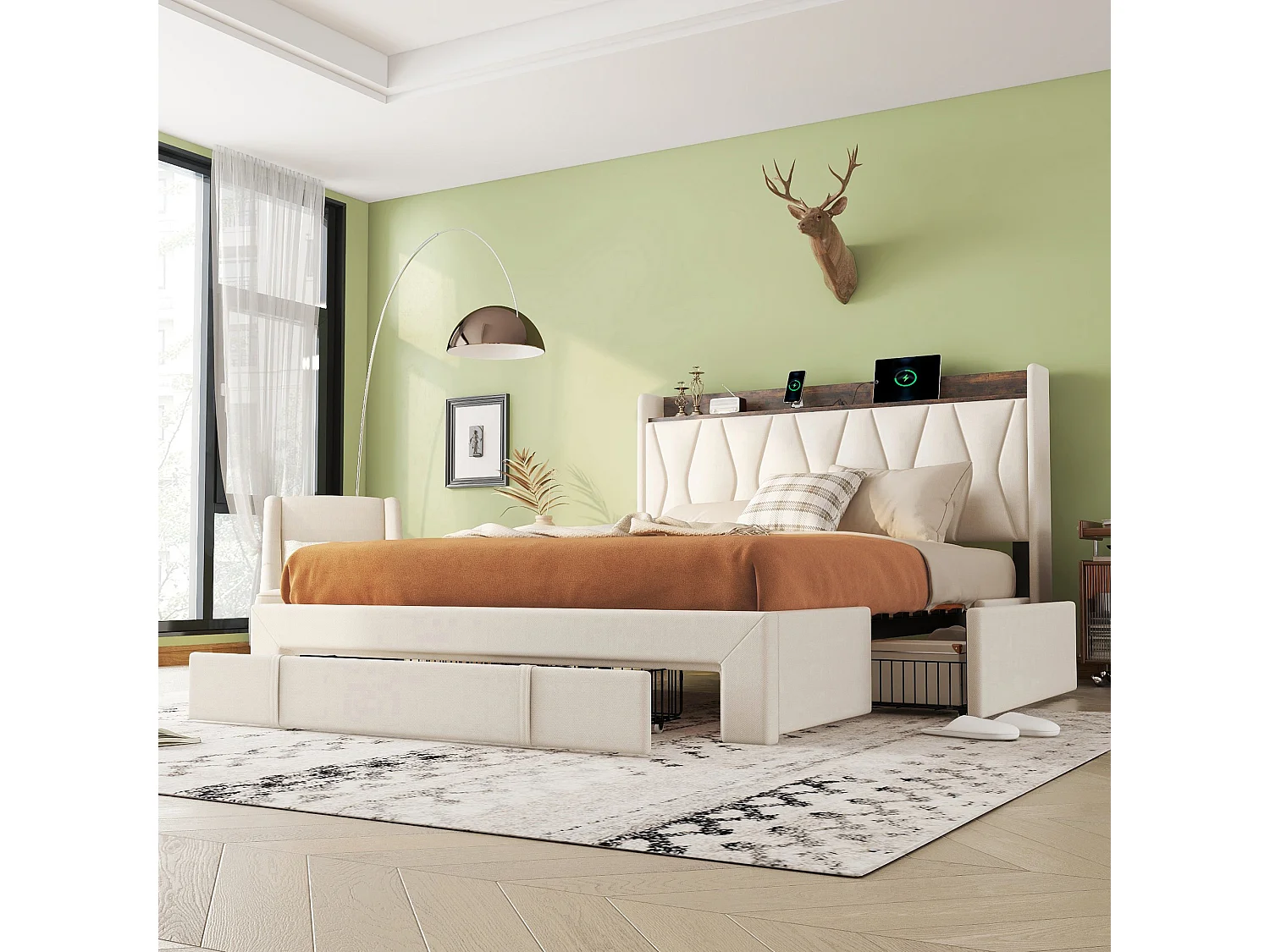 Gestoffeerd bed 160 x 200 cm met 3 lades, USB- en Type-C-aansluitingen - Linnen stof - Kleur beige