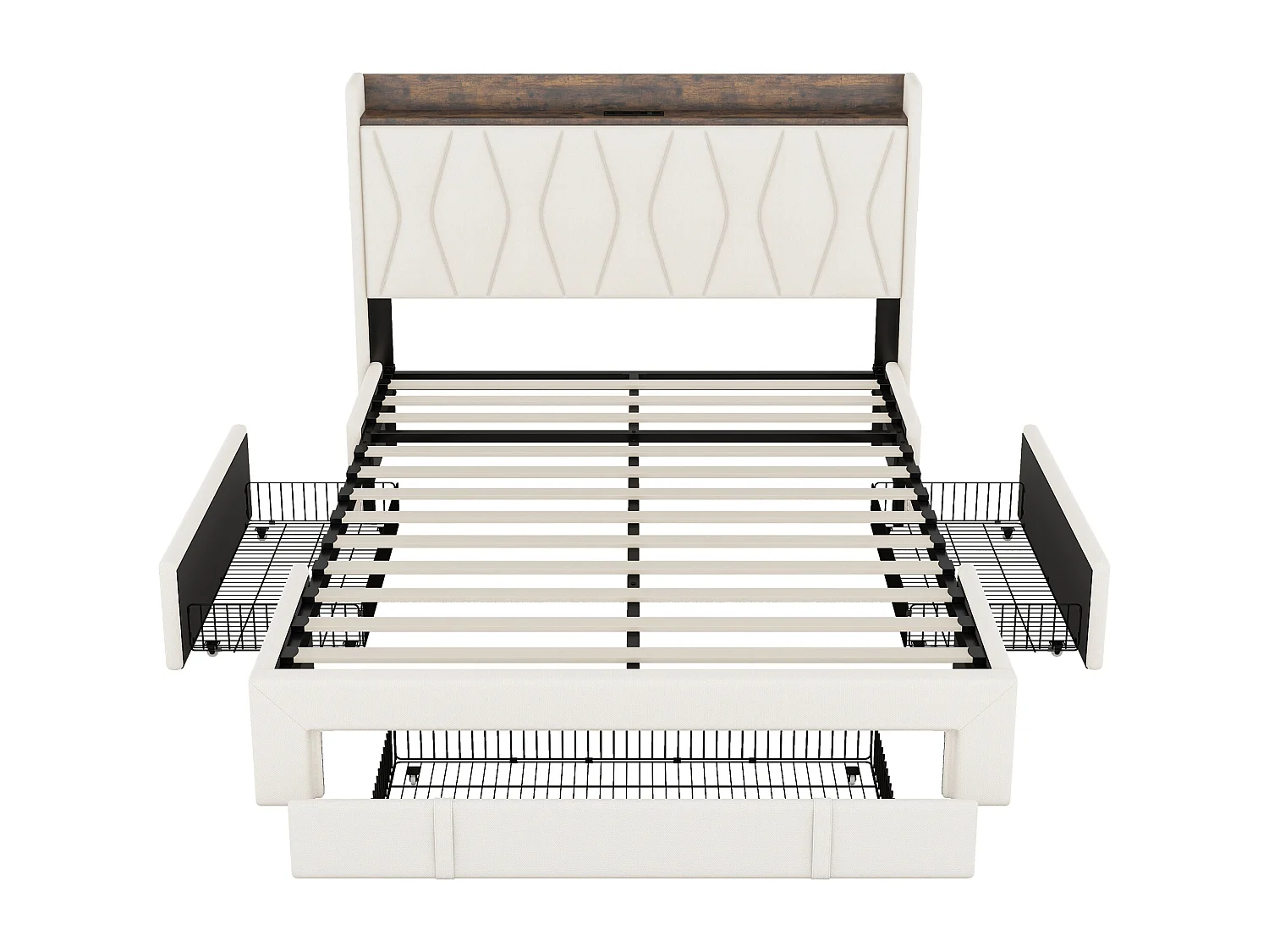 Gestoffeerd bed 160 x 200 cm met 3 lades, USB- en Type-C-aansluitingen - Linnen stof - Kleur beige